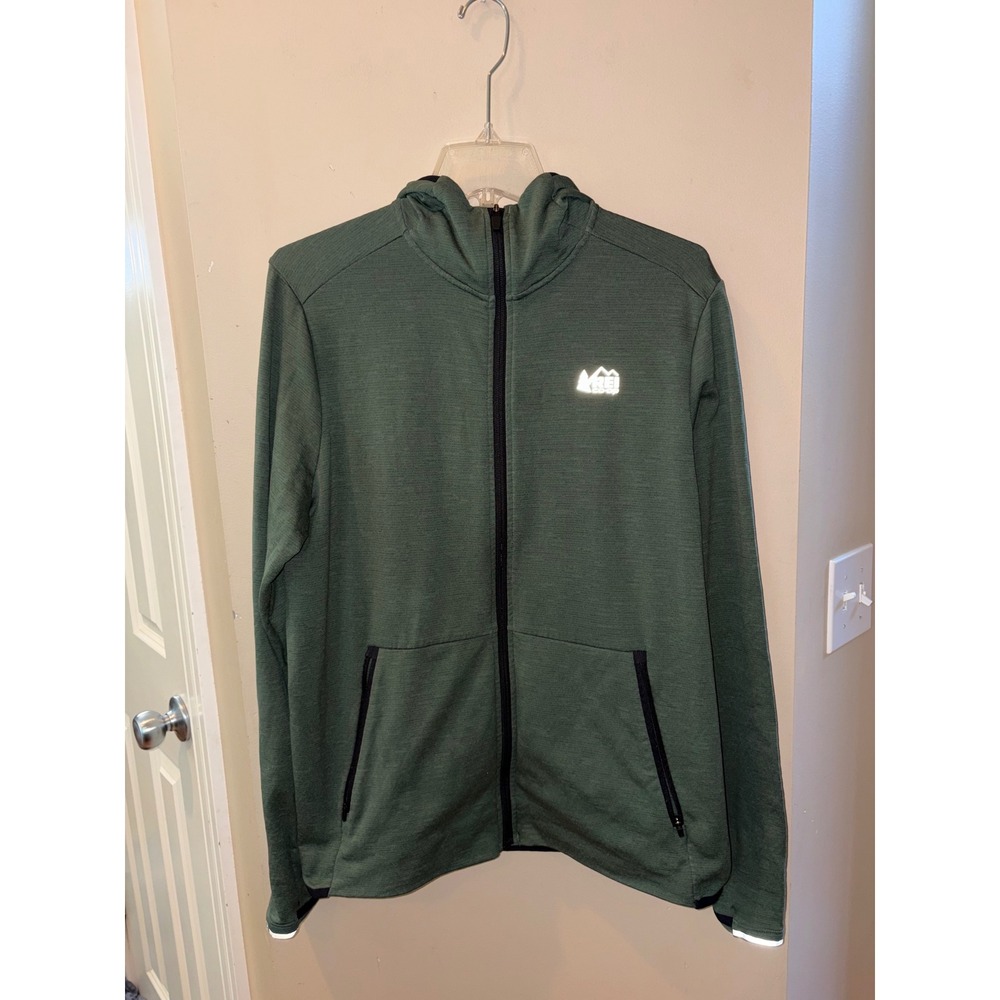 REI Co-op Mens Green Full Zip Grid Fleece Hoodie Medium Reflective Logo Active